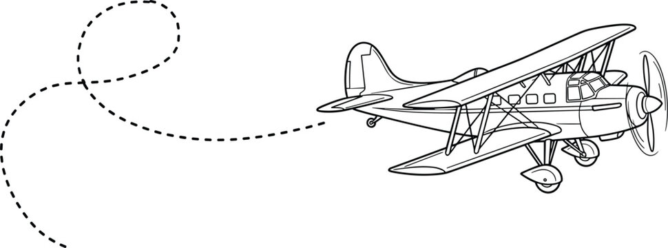 Retro Biplane Aircraft Vector Line Art Illustration with Dashed Flight Path Loop for Vintage Aviation Travel Adventure and Historical Propeller Airplane Design Template