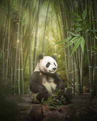 Giant Panda Sitting in Bamboo Forest with Magical Sunlight