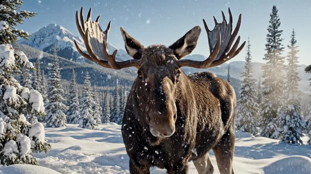 Majestic bull moose standing in deep snow during winter.