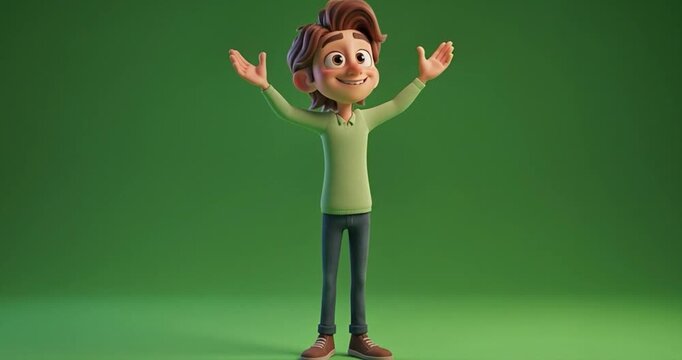 Animated figure with upraised arms on green backdrop