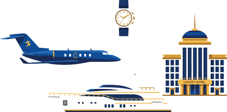  Luxury travel and hospitality infographic vector illustration featuring private blue business jet yacht luxury resort hotel building and wristwatch elements