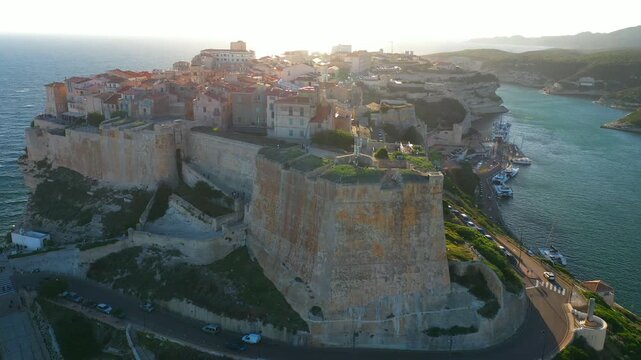 4K Aerial Video Of Bonifacio Castle On A Rocky Coastline Of French Corsica 
