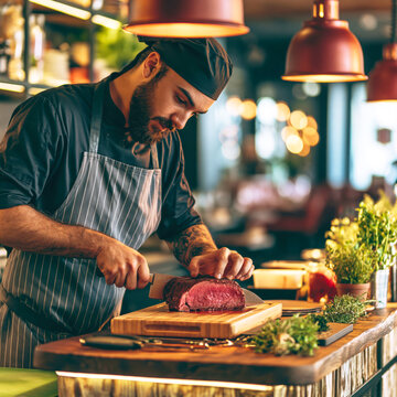 Professional Chef Slicing Steak &ndash; Generative AI &ndash; no real persons