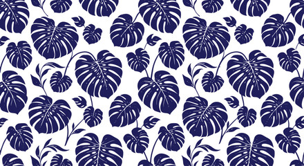 Tropical monstera leaf pattern, elegant indigo blue botanical foliage, exotic jungle plant vector seamless design, lush nature wallpaper for textile and decor isolated on White Background © Syed Awais