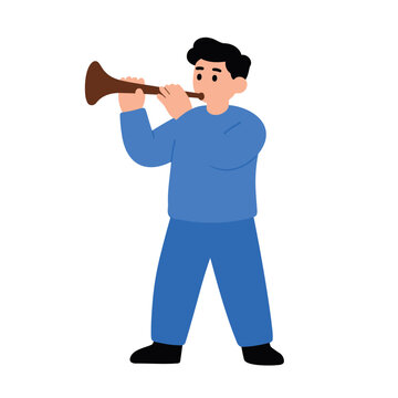 Cartoon style man blowing into a wind instrument, possibly a shawm or similar instrument