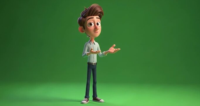 Animated male character presenting against green screen background