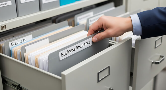 Blue Office Folder Tab Labeled Business Insurance Inside a Catalog System Document Archive for Risk Management Financial Protection Planning and Corporate Liability Coverage