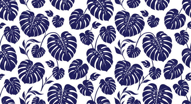 Tropical monstera leaf pattern, elegant indigo blue botanical foliage, exotic jungle plant vector seamless design, lush nature wallpaper for textile and decor isolated on White Background