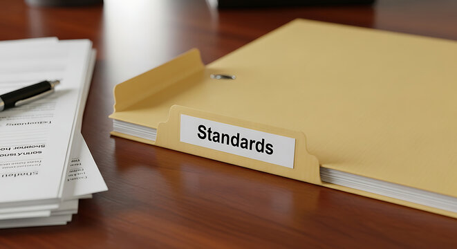 Professional Manila File Folder with Standards Label on Tab for Compliance Audit Documentation Organization and Quality Control Management in a Corporate Business Office Environment