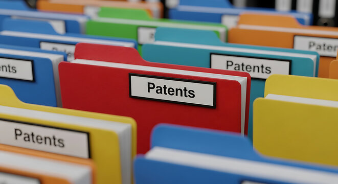 Three-dimensional illustration of a vibrant document archive featuring a specific file folder marked with the label patents, showcasing professional organization and intellectual property.