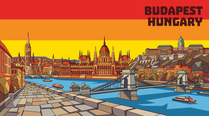 Obraz premium budapest riverfront skyline with parliament historic downtown hungary cartoon vector travel destination