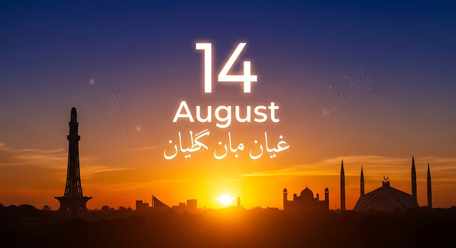 A vibrant cityscape silhouette showcasing iconic Pakistani landmarks Minar-e-Pakistan and Faisal Mosque with 14 August Independence Day text and festive fireworks at sunset