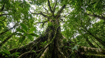 Fototapeta premium Giant rainforest tree looking up into green canopy