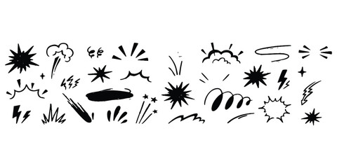 Set of black hand drawn comic book style explosion and action effect elements © Sharmin
