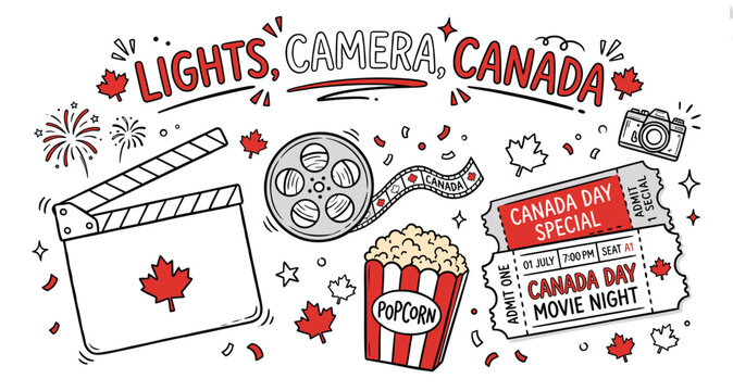 Canadian movie night doodle set, Canada Day cinema icons, red and white film festival vector isolated on White Background
