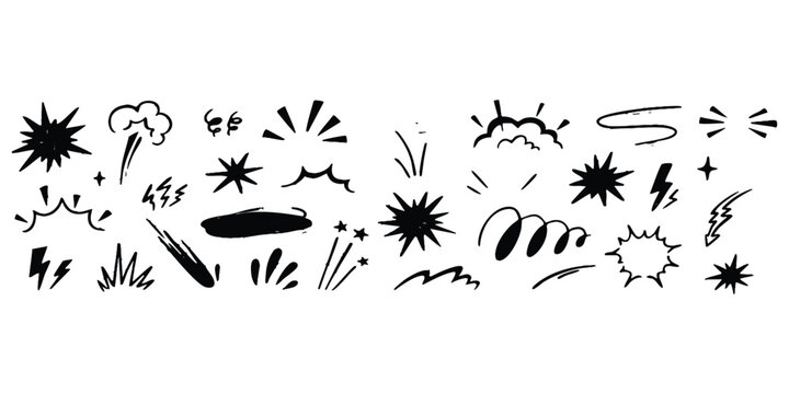 Set of black hand drawn comic book style explosion and action effect elements