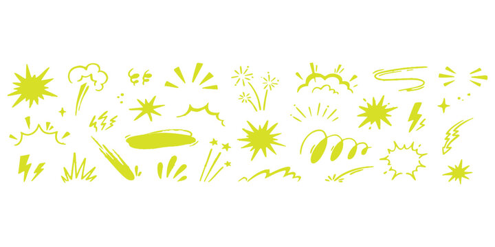 Set of hand drawn comic book style explosion and action effect symbols in bright lime green color