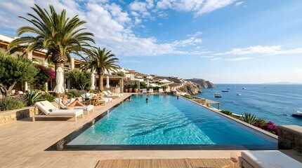 Fototapeta premium Luxurious infinity pool overlooking the Aegean Sea in Mykonos, Greece, with palm trees and sunbathers