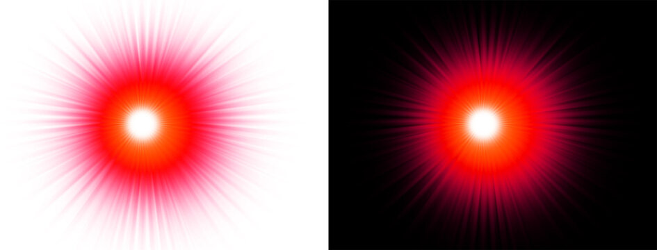 Glowing red explosion burst flare isolated on black background for visual effects design featuring intense radiant light beams spreading out from bright central point halo.