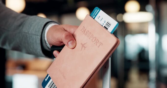 Hands, ticket and passport at airport for travel, international journey and business trip with luggage. Boarding pass, documents and person with suitcase for immigration, passenger or global flight