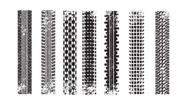 Grunge tire tracks set. Tire tread or wheel braking tracks. Car and motorcycle tread patterns. Dirty grunge textures of wheels. Vector eps 10