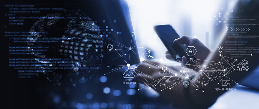 Digital network with AI icons over laptop and smartphone, global data connections, cybersecurity and cloud computing in modern tech workspace.