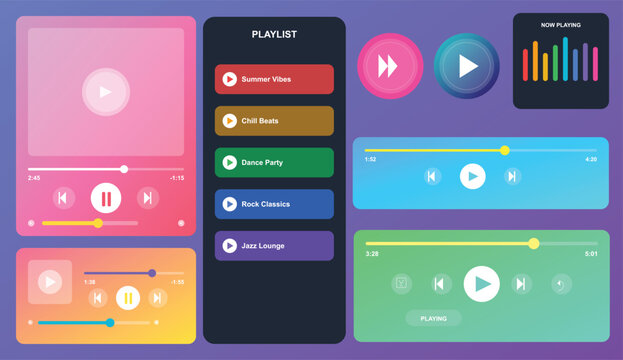 Colorful music player interface with playlist and playback controls on blue background