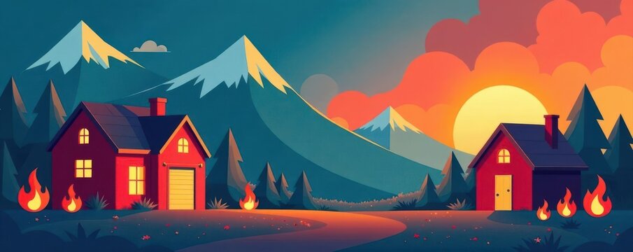 Flat vector illustration of various fire hazards & prevention methods , fire escape, fire