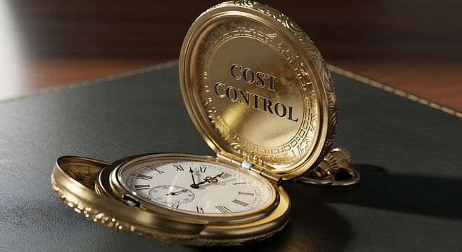 Conceptual 3D Illustration of a Golden Vintage Pocket Watch Featuring the Text Cost Control on its Face Symbolizing Financial Management Time Efficiency and Economic Budget Optimization