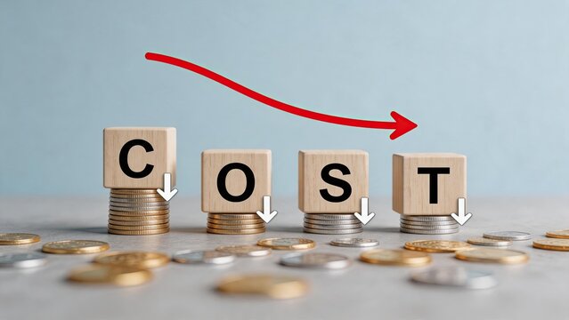 Wooden blocks spelling cost on stacks of coins with downward arrow, symbolizing budget cuts, expense reduction and financial savings strategy for business.