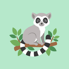 A cute cartoon lemur sits on a branch in the forest © Lucy