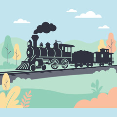 A dark steam locomotive travels through a peaceful countryside landscape © Lucy