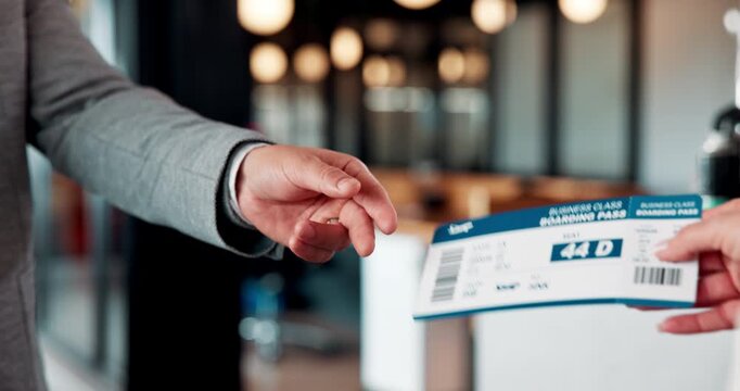 Handover, airport and person with boarding pass for travel, check in and international journey. Hands, airline and giving ticket for flight, business trip and exchange with passenger for immigration