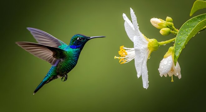 Vibrant green hummingbird hovering near a dewy white flower