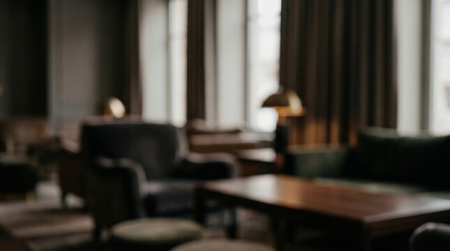 blurred modern lounge interior living room design luxury furniture table sofa lighting apartment dark moody background abstract decor
