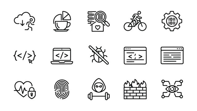 Programming and cybersecurity thin line icon set featuring code editor bug tracking firewall protection and data encryption symbols for software developers and information technology websites