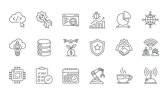 Comprehensive collection of technical outline icons for software development and cybersecurity featuring network monitoring and data analysis tools isolated on a clean white background