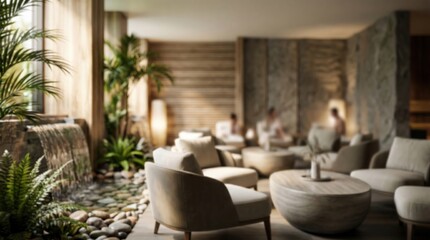 Fototapeta premium Spa lounge relaxation wellness center luxury interior design zen atmosphere indoor waterfall plants pebble fountain furniture hospitality resort