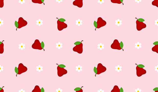 Seamless Pattern with Water Apples and White Flowers on Pink Background, Cute Rose Apple Fruit Vector Illustration for Textile, Fabric, and Wallpaper Design