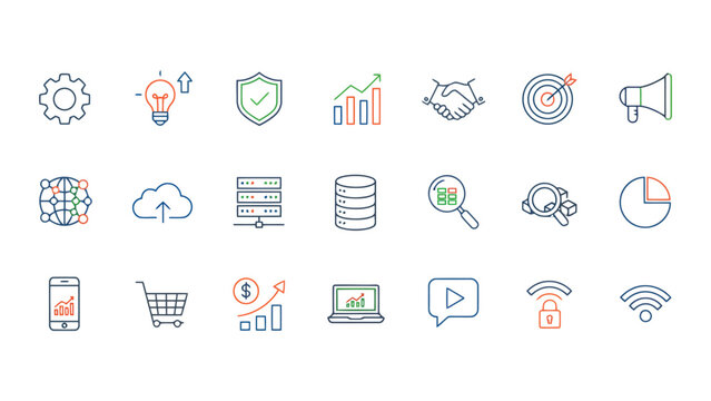 Multicolor business and technology icons set featuring gear optimization lightbulb ideas secure shield growth charts handshake partnership and digital connectivity symbols for web interface design