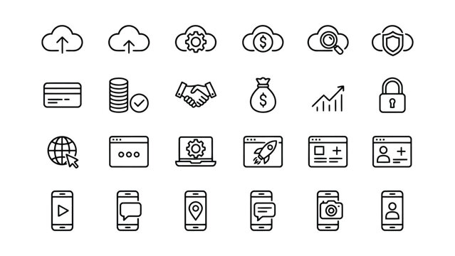 Modern cloud computing and digital business line icons featuring server infrastructure and web development tools for professional corporate technology and software application user interfaces