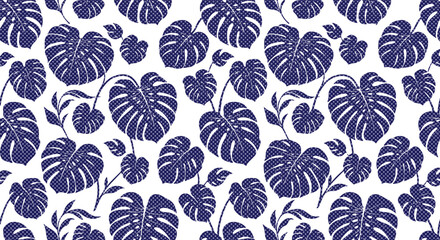 Tropical monstera leaf pattern, seamless indigo blue botanical print, exotic jungle foliage vector illustration for textile design isolated on White Background © Ambreen