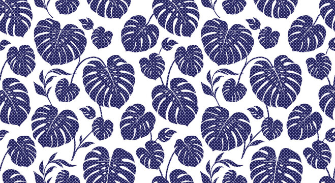 Tropical monstera leaf pattern, seamless indigo blue botanical print, exotic jungle foliage vector illustration for textile design isolated on White Background