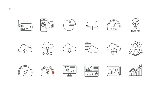 Modern startup and cloud infrastructure icon set featuring credit card payment secure mobile access data pie charts filter tools speed gauge startup lightbulb and server cloud synchronization