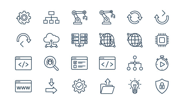 Set of modern thin line technology and development icons featuring server cloud computing robotics and digital interface elements for web design and software architecture projects