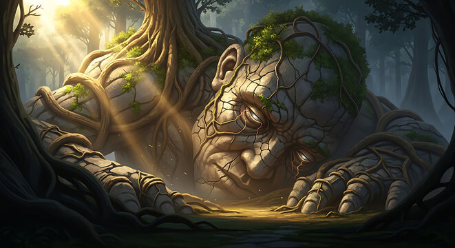 Ancient stone giant sculpture in a mystical forest, overgrown mossy statue of a sleeping colossus, fantasy woodland scene with sunbeams and vines