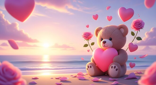 Cute teddy bear holding a pink heart on a beach