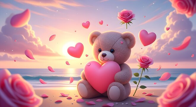 Cute teddy bear holding a pink heart on a romantic beach