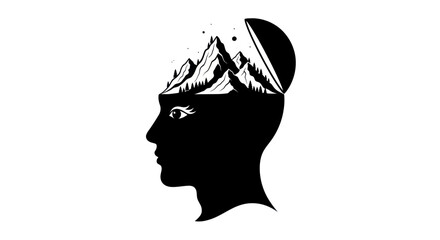 Silhouette Head with Mountain Landscape Inside, Concept of Imagination and Inner World ©  arinagraphic.std