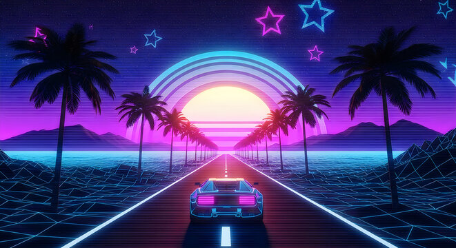 Retro Synthwave Neon Sunset with Sports Car and Palm Trees - 80s Digital Art